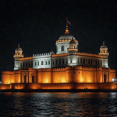 The primary subject of the image is a large, ornate building with a dome on top. The building is illuminated by lights, creating a striking contrast against the night sky. The setting is a body of water, with the building standing prominently in the foreground. The visual style of the image is a combination of photo and digital art, creating a unique and captivating scene. The colors and mood of the image are predominantly dark, with the building's lights providing a sense of warmth and eleg